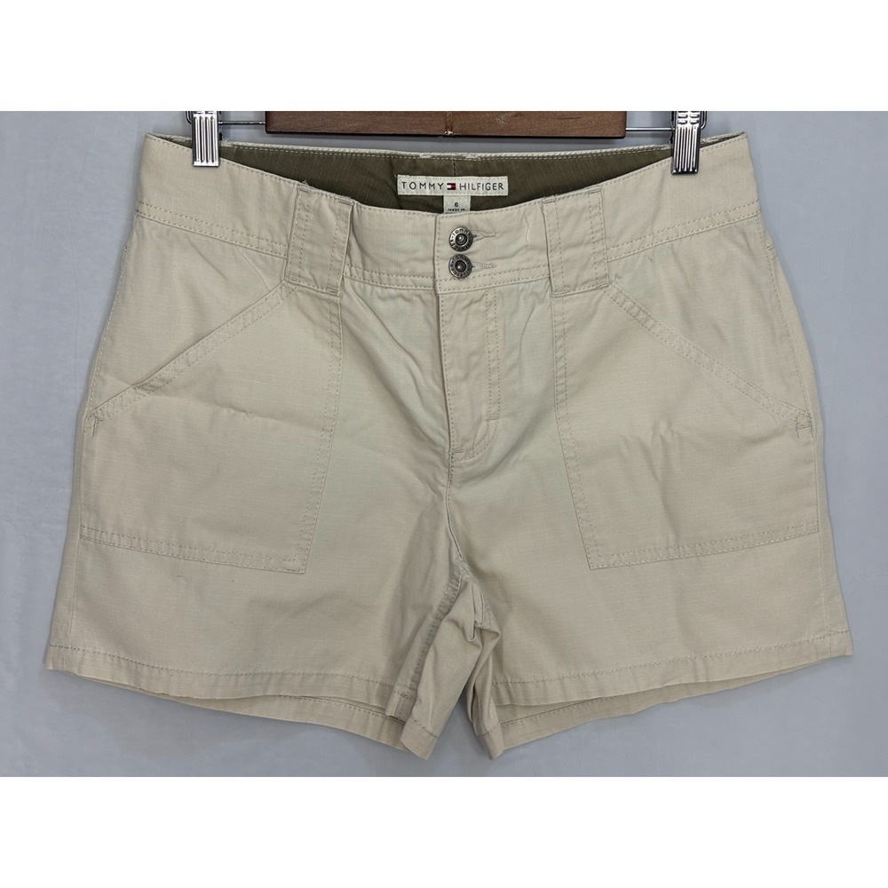 Tommy Hilfiger Chino Shorts Womens Khaki Tan Canvas Flat Front Utility 6 Vintage